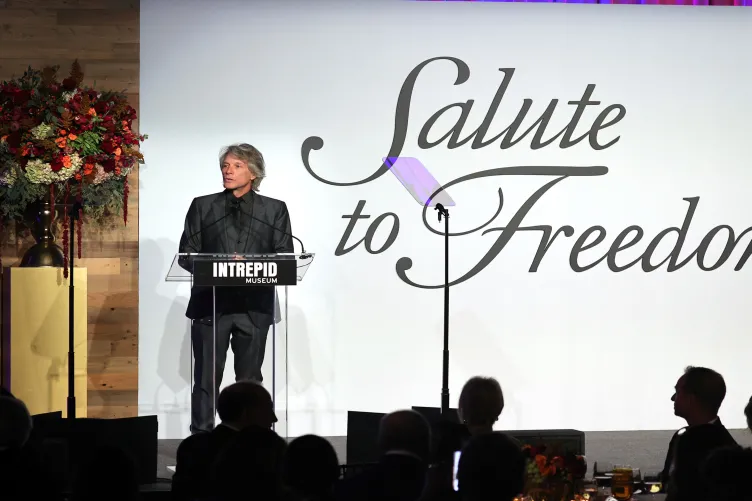Jon Bon Jovi at the stage at the 2021 Salute to Freedom event, addressing guests.