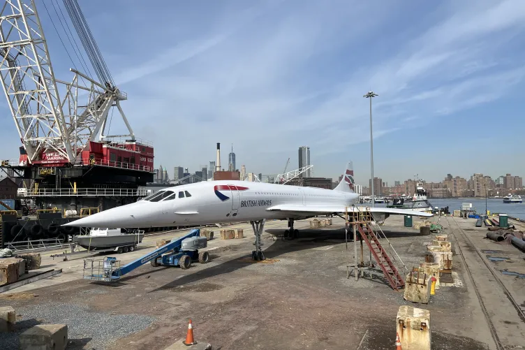 British Airways Concorde jet on a barge in the Hudson River.