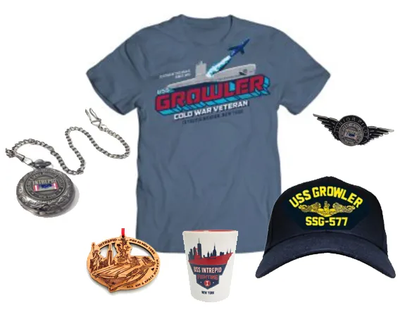 A collection of items available for purchase including a t shirt, pins, and a hat