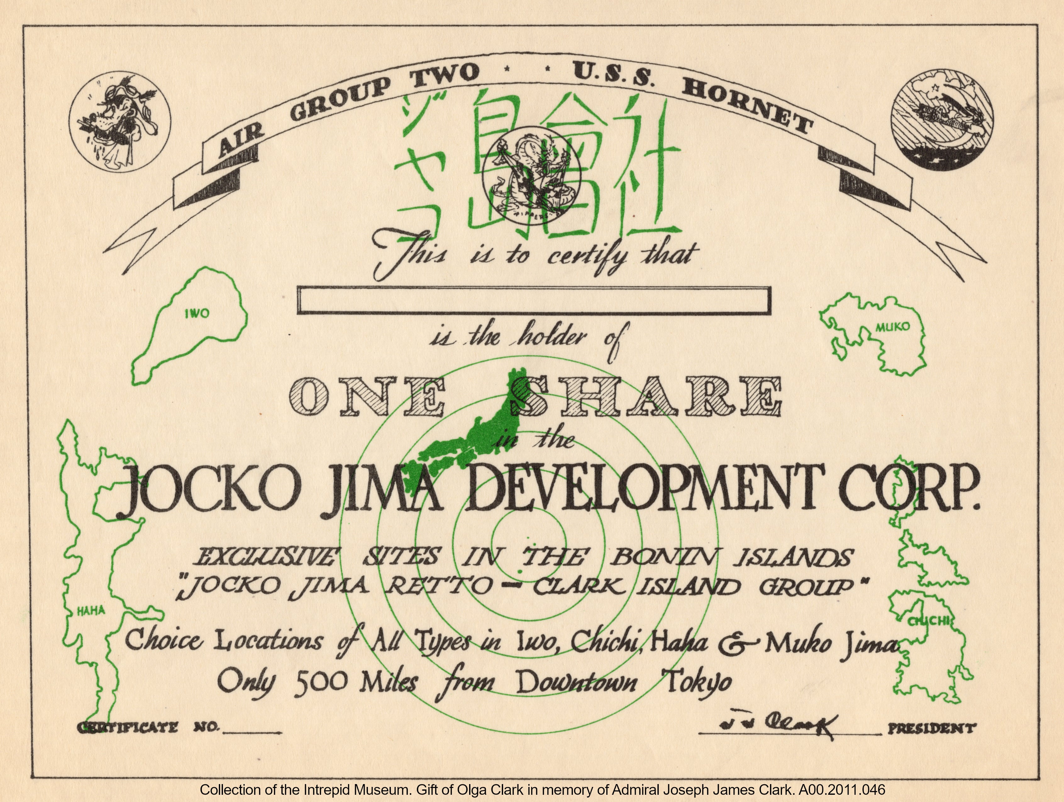 Aviators on USS Hornet, Clark’s flagship, issued these honorary shareholder certificates to participants in the air campaign against the Bonin islands.