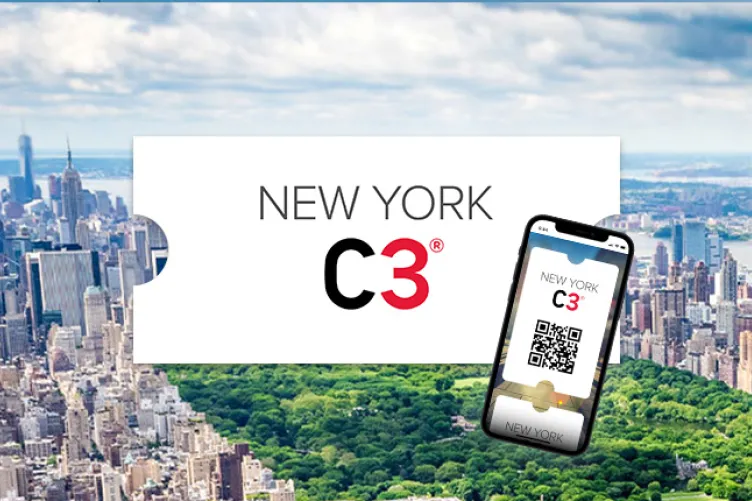 A photo of Central Park and Manhattan with a ticket and phone that says "New York C3"