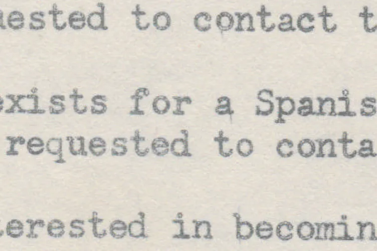 A call for Spanish-language interpreters in the Plan of the Day for June 7, 1966. Collection of the Intrepid Museum. Gift of Jimm Larry Hendren. A2015.72