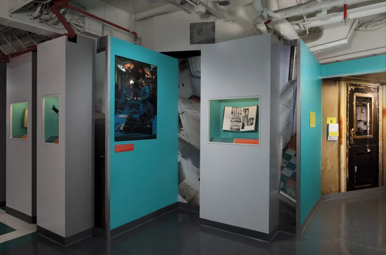 Exhibition panels in "On the Mend: Restoring Intrepid's Sick Bay."