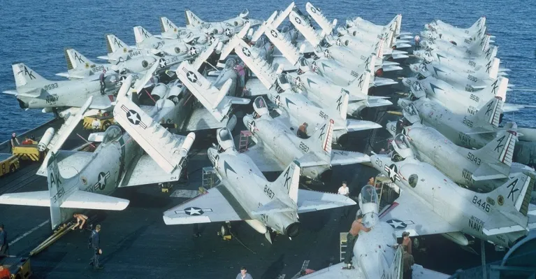 Archival photo of planes lined up on the flight deck