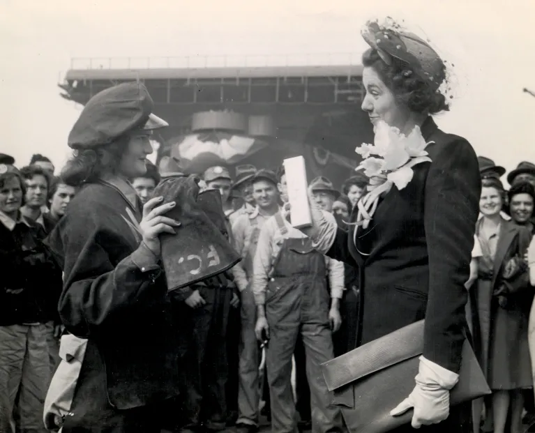 Photo on April 26, 1943, christening of the new aircraft carrier Intrepid are Mrs. John Howard Hoover (right) and Miss Berline F. Cashwell