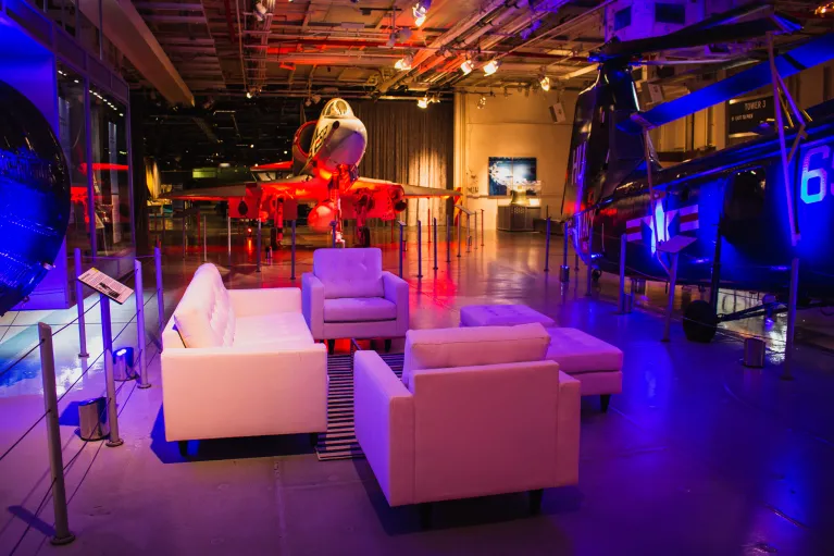 Hangar 2 set for a cocktail reception with lounge furniture