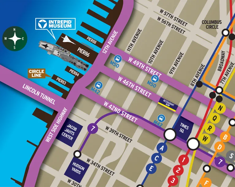 Map of Midtown, Manhattan where the Intrepid Museum is located.