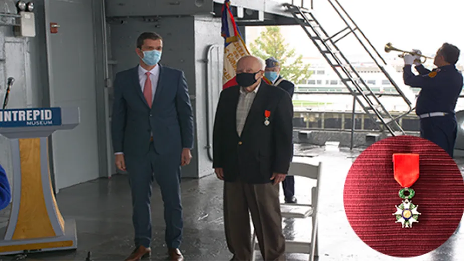 The french consulate holding their legion of honor ceremony at the intrepid museum