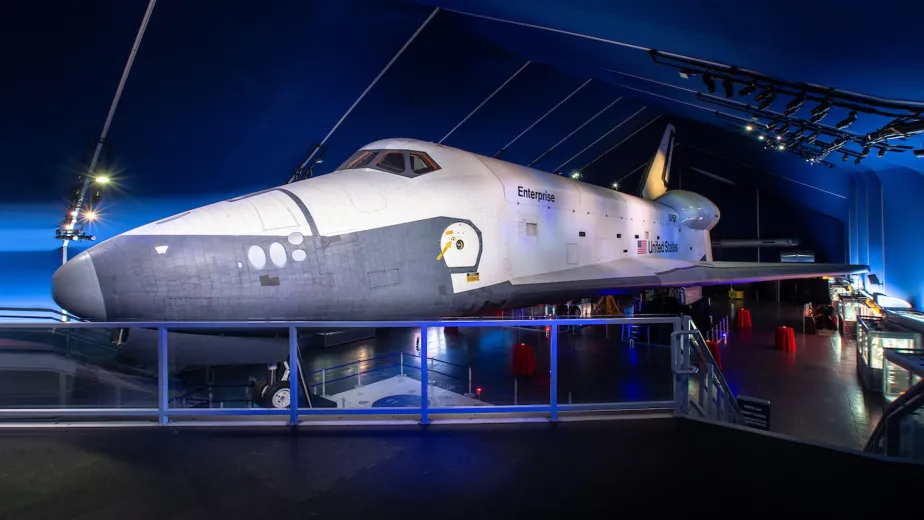 Overview of the Space Shuttle Enterprise Pavilion set up to host a social event