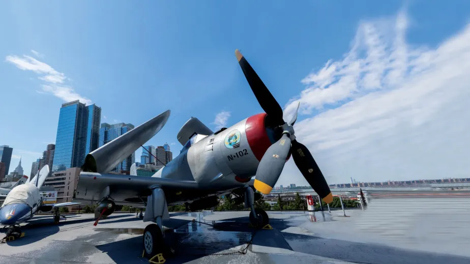 Photo of the Douglas Skyraider on the Flight Deck on a sunny day.